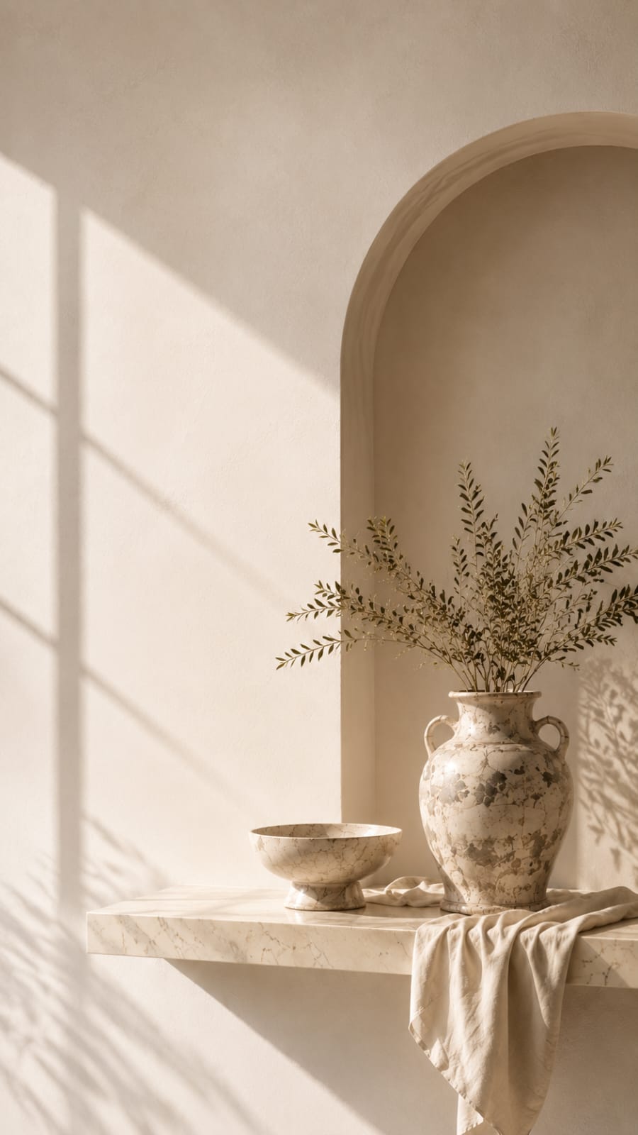 A marble ledge holding an antique amphora and compote bowl in soft daylight
